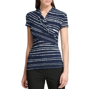 DKNY top L blue white stripe faux wrap V-neck Cap‎ sleeve normcore casual blouse